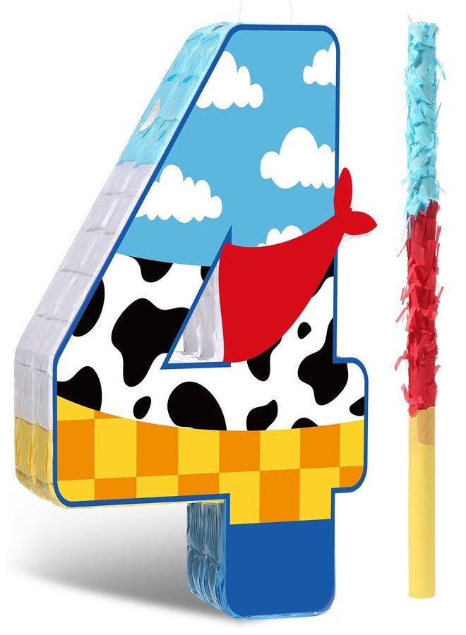 Hungdao Toy Inspired Birthday Piñata for Kids Cartoon Cow Number Piñata Decorations Summer Cartoon Story Game with Stick Red Scarf Blue Sky Cloud Boys Girls Baby Shower Farm Party Favor(Number 4) - Image 1