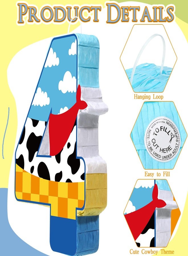Hungdao Toy Inspired Birthday Piñata for Kids Cartoon Cow Number Piñata Decorations Summer Cartoon Story Game with Stick Red Scarf Blue Sky Cloud Boys Girls Baby Shower Farm Party Favor(Number 4) - Image 3