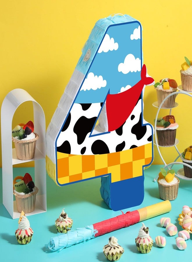 Hungdao Toy Inspired Birthday Piñata for Kids Cartoon Cow Number Piñata Decorations Summer Cartoon Story Game with Stick Red Scarf Blue Sky Cloud Boys Girls Baby Shower Farm Party Favor(Number 4) - Image 4