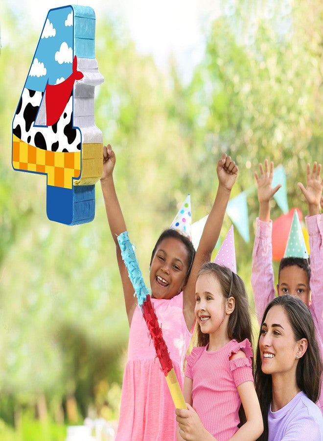 Hungdao Toy Inspired Birthday Piñata for Kids Cartoon Cow Number Piñata Decorations Summer Cartoon Story Game with Stick Red Scarf Blue Sky Cloud Boys Girls Baby Shower Farm Party Favor(Number 4) - Image 5