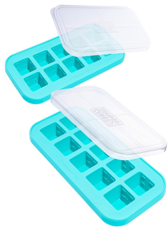 Souper Cubes 2 Tbsp Silicone Freezer Tray With Lid - Easy Meal Prep Container and Kitchen Storage Solution - Silicone Mold for Soup and Food Storage - Aqua - 2-Pack - Image 1