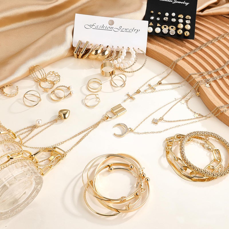 EIELO 90pcs Gold Jewelry Set for Women with 7 Necklaces, 11 Bracelets, 12 Hoop Earrings 24 Ear Studs, 14 Ear Cuffs, 22 Knuckle Rings for Womens Gold Plated Fashion Jewelry Set - Image 2