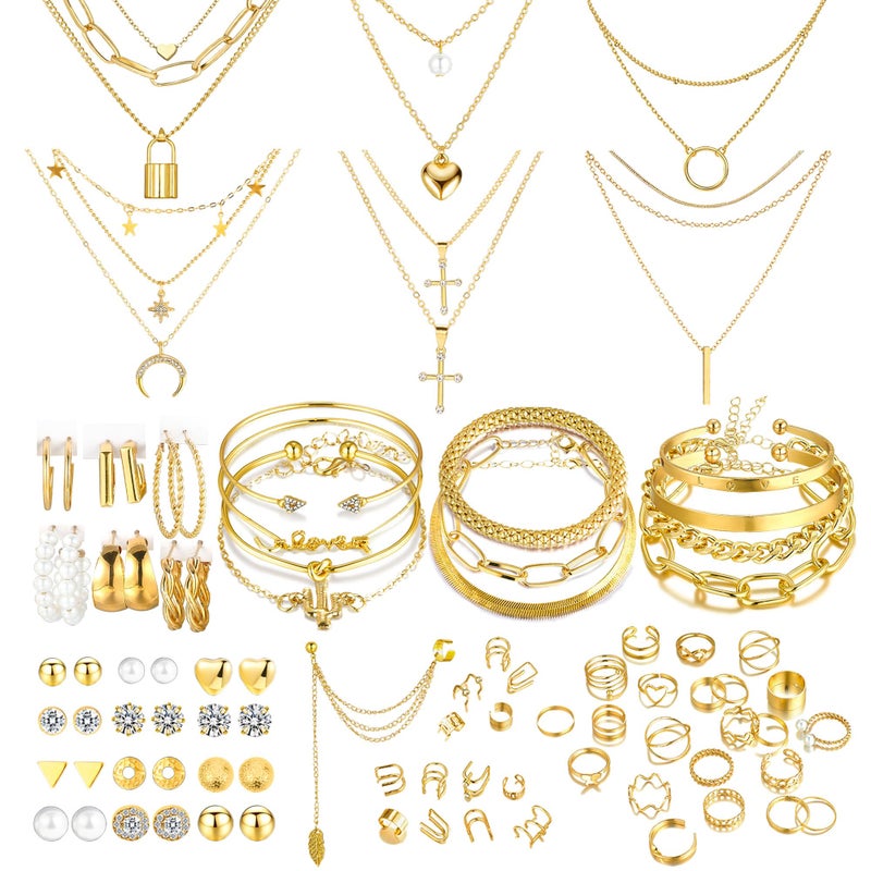 EIELO 90pcs Gold Jewelry Set for Women with 7 Necklaces, 11 Bracelets, 12 Hoop Earrings 24 Ear Studs, 14 Ear Cuffs, 22 Knuckle Rings for Womens Gold Plated Fashion Jewelry Set - Image 1