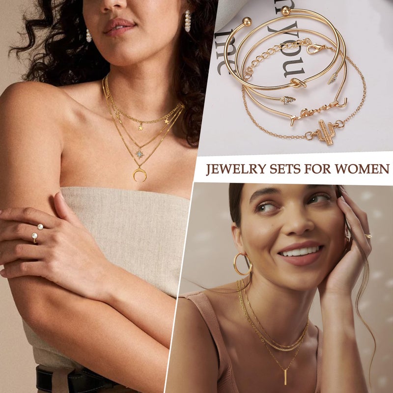 EIELO 90pcs Gold Jewelry Set for Women with 7 Necklaces, 11 Bracelets, 12 Hoop Earrings 24 Ear Studs, 14 Ear Cuffs, 22 Knuckle Rings for Womens Gold Plated Fashion Jewelry Set - Image 4