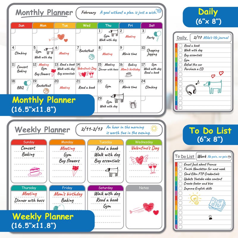 Tapsi 4-Pack Non-Magnetic Dry Erase Calendar Board Set â€“ Monthly, Weekly, Daily, to-Do List Planner â€“ Whiteboard for Stainless Steel Fridge, Wall, Glass, Door â€“ Family, Office, Classroom Organizer - Image 2