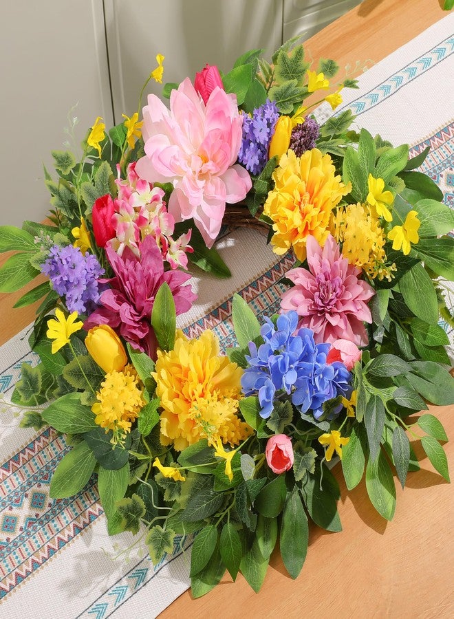 Vsonker Spring Wreaths for Front Door, 24 Inch Greenery Front Door Wreath with Peonies Dahlias Hydrangeas, Artificial Home Decorations for Indoor Outdoor Window Wall,Outside Floral Wreath Decor for Home Porch - Image 2