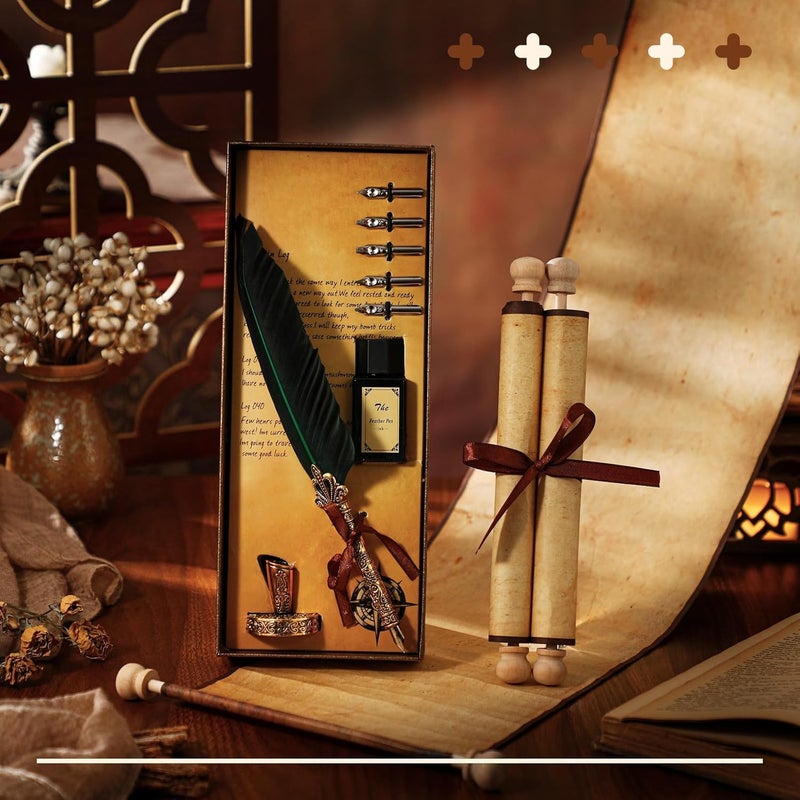 Epakh ورق لفافة فارغ Epakh 2 مع قضبان خشبية ومجموعة قلم ريشة 1 بحجم 75 × 3032 بوصة لكتابة الخط العربي وقلم ريشة مع رؤوس وحامل حبر لكتابة قائمة لطيفة ووعود الزفاف وديكور كوسبلا ، - Image 4