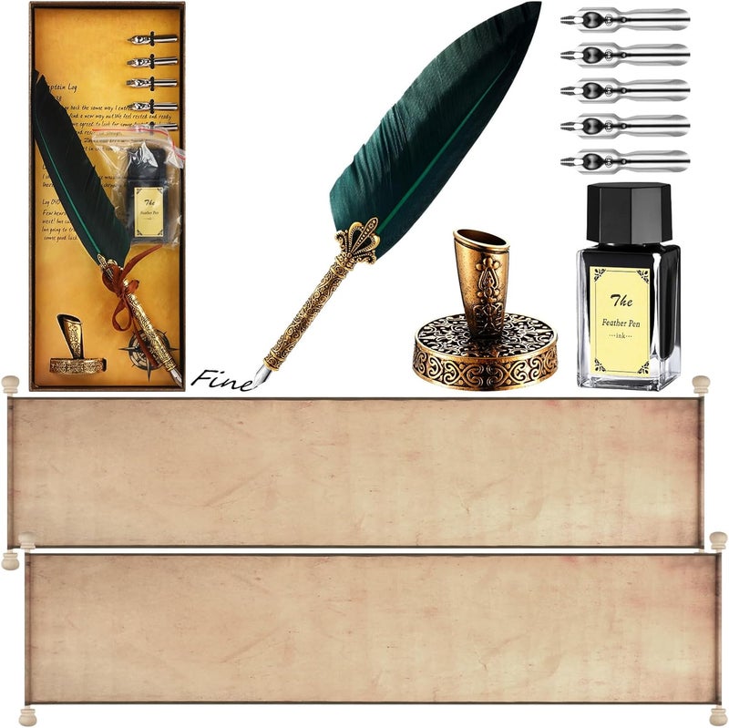 Epakh ورق لفافة فارغ Epakh 2 مع قضبان خشبية ومجموعة قلم ريشة 1 بحجم 75 × 3032 بوصة لكتابة الخط العربي وقلم ريشة مع رؤوس وحامل حبر لكتابة قائمة لطيفة ووعود الزفاف وديكور كوسبلا ، - Image 1