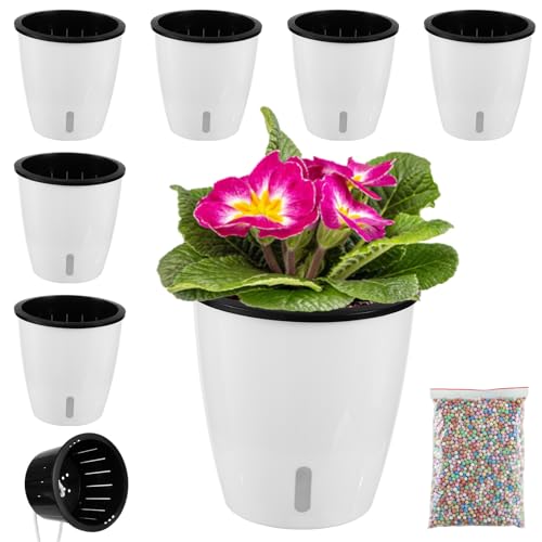 Planterhoma 5 Inch Self Watering Pots for Indoor Plants 6 Packs African Violet Pots with Indicator Black Wick Pot with Drainage Holes Self Watering Planters for Orchid Devils Ivy White