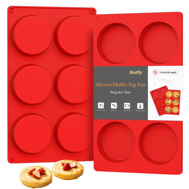 Redfly Silicone Egg Molds for Breakfast Sandwiches 2 Pcs, Non Stick 3 Inch Egg Bites Baking Pans, Silicone Muffin Pans for Baking, Round Muffin Top Pan for Whoopie Pie Pan, Tarts, Quiche - Image 1