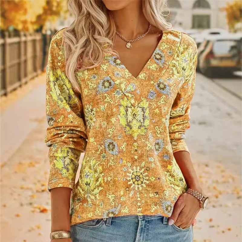 Floral Print V-Neck Long Sleeve Plus Size T-Shirt Top - Image 1