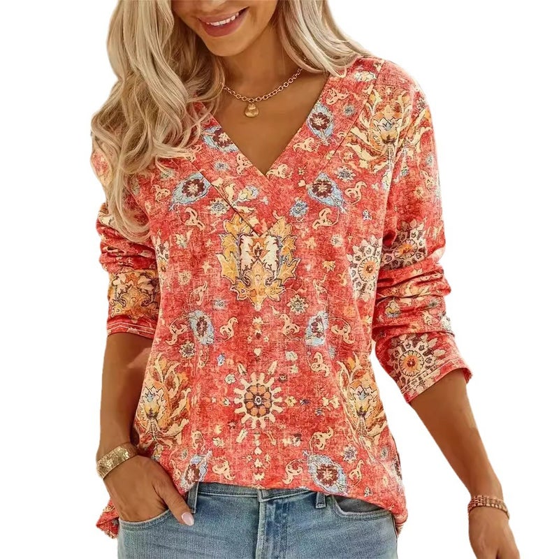 Floral Print V-Neck Long Sleeve Plus Size T-Shirt Top - Image 5