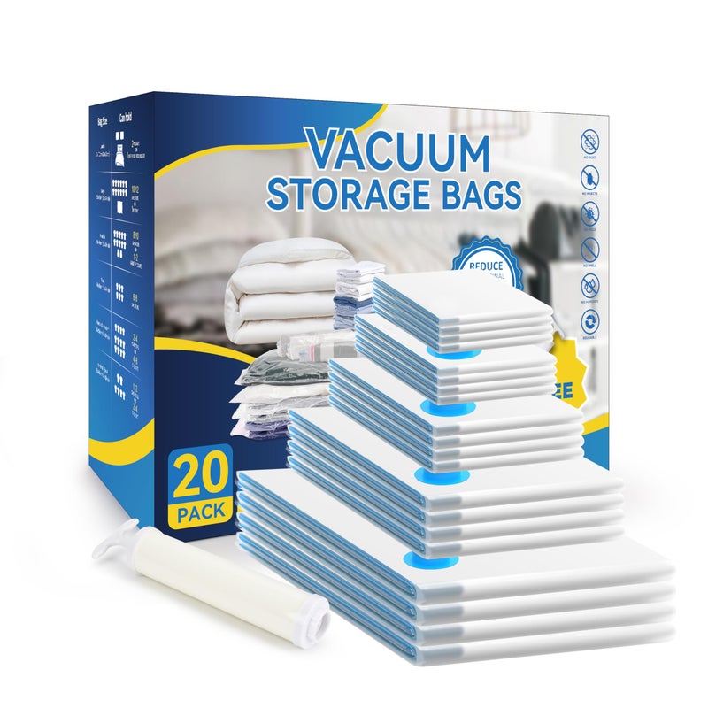 Simple Deluxe Vacuum Storage Bags 20 Pack  Space Saver Bags with Hand Pump  Vacuum Seal Bags for Clothing Travel  Comforters  Blankets  Bedding  Pillows (4 Jumbo/4 Large/4 Medium/4 Small/4 Roll M) - Image 1