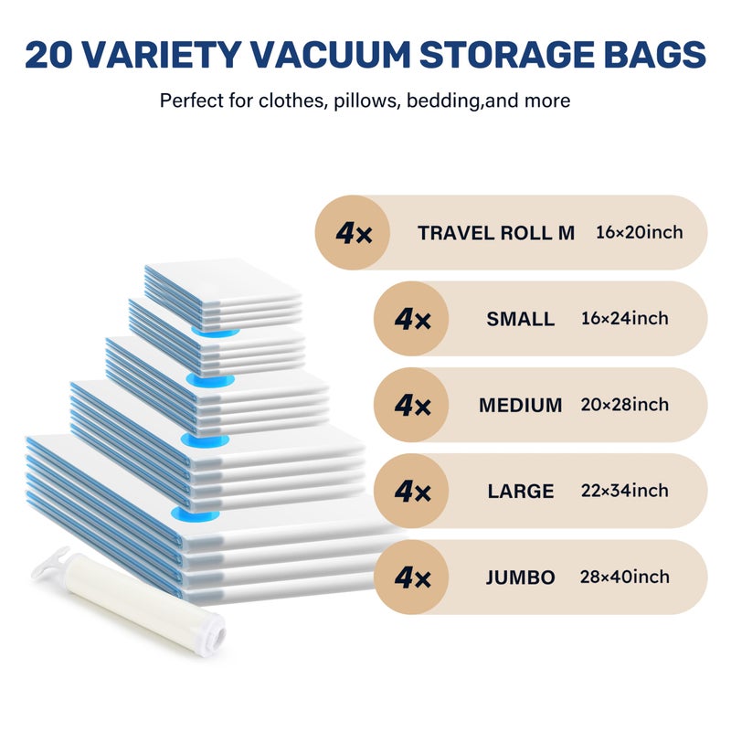 Simple Deluxe Vacuum Storage Bags 20 Pack  Space Saver Bags with Hand Pump  Vacuum Seal Bags for Clothing Travel  Comforters  Blankets  Bedding  Pillows (4 Jumbo/4 Large/4 Medium/4 Small/4 Roll M) - Image 2