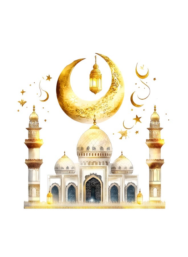 حفلة مثمرة ملصقات حائط رمضان مقاس 40×40 سم، ملصق حائط رمضان مبارك ذهبي اللون بتصميم هلال ومسجد، زينة عيد إسلامية للمنزل وغرفة المعيشة ومكان الصلاة - Image 1