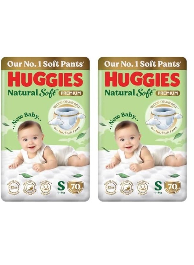 Huggies Natural Soft Premium Baby Diaper Pants, Our No.1 Soft Pants, Small (S) Size (4-8 Kgs), Pack of 70*2 diapers | Cloud Softness All over with India's 1st Cloud Touch Belt - Image 1