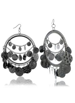 RechicGu Black 1Pair Vintage Tribal Rare Coins Big Hoop Banjara Kuchi Belly Dance Chain Boho Gypsy Dangle Earrings,3.9",30G/Pc  - Image 1