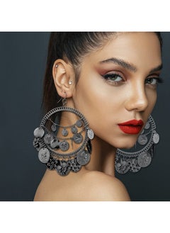 RechicGu Black 1Pair Vintage Tribal Rare Coins Big Hoop Banjara Kuchi Belly Dance Chain Boho Gypsy Dangle Earrings,3.9",30G/Pc  - Image 2