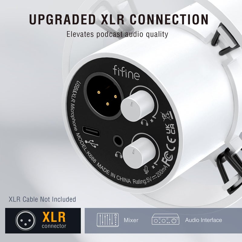 FIFINE ميكروفون ديناميكي XLR من FIFINE، ميكروفون بودكاست USB للكمبيوتر للبث والتسجيل، ميكروفون صوتي XLR/USB مع زر كتم الصوت، مقبض التحكم في الصوت، مراقبة سماعات الرأس - Amplitank K688 أبيض - Image 3