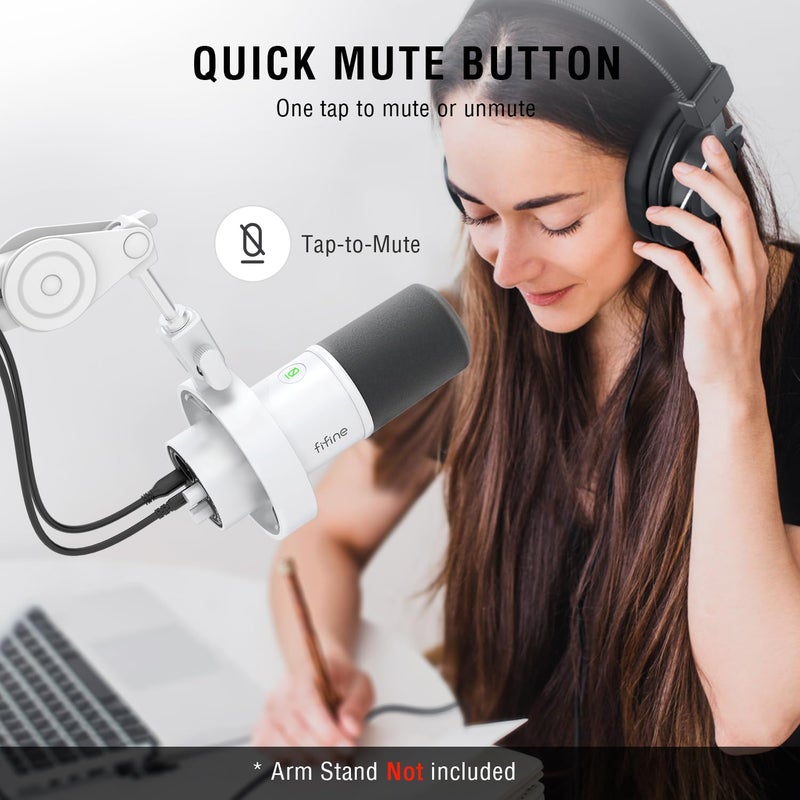 FIFINE ميكروفون ديناميكي XLR من FIFINE، ميكروفون بودكاست USB للكمبيوتر للبث والتسجيل، ميكروفون صوتي XLR/USB مع زر كتم الصوت، مقبض التحكم في الصوت، مراقبة سماعات الرأس - Amplitank K688 أبيض - Image 5