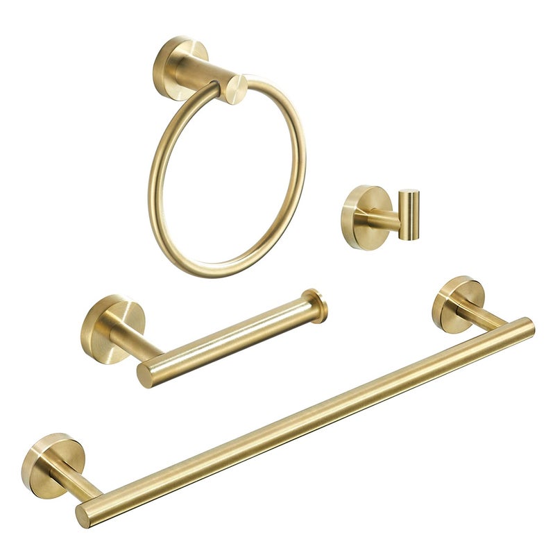 FAIRGIA Gold Bathroom Hardware Bathroom Accessories Set Includes Toilet Paper Holder 24 Inch Towel Bar Towel Ring Robe Hook 4 Pieces Wall Mount