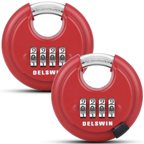 DELSWIN Outdoor Combination Padlock - 4 Digit Heavy Duty Disc Lock with Hardened Shackle,Combo Padlock for Gate,Storage Unit,Fence(25/64" Shackle, Red,2Pcs) - Image 1
