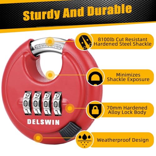 DELSWIN Outdoor Combination Padlock - 4 Digit Heavy Duty Disc Lock with Hardened Shackle,Combo Padlock for Gate,Storage Unit,Fence(25/64" Shackle, Red,2Pcs) - Image 2