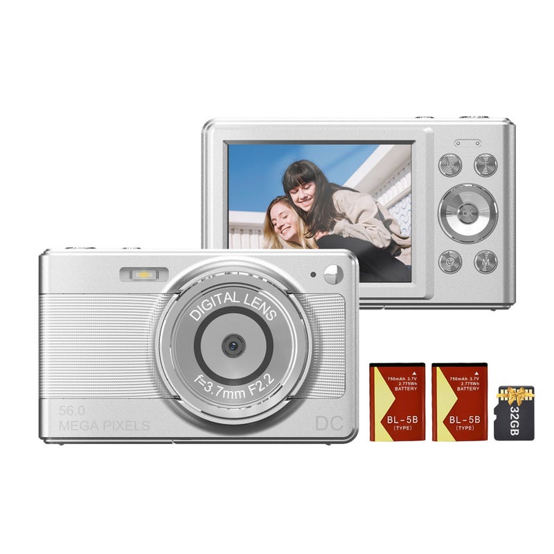 Digital Camera: 56MP Photo 1080P Video - 8X Digital Zoom 2.88 Inch IPS Screen Multi-function Compact Silver Camera for Kids Teens Daily Life - Image 1