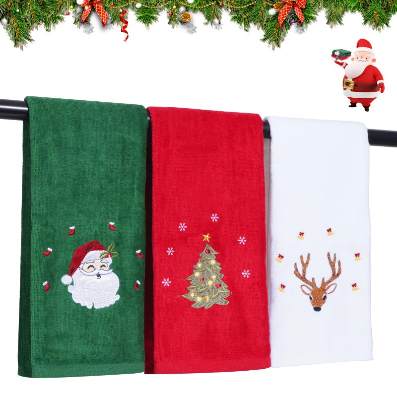 JUXINGDAZYF 3 Pcs Christmas Hand Towels for Bathroom 100 Cotton Soft Absorbent Christmas Kitchen Towels Embroidery Christmas Decorations Towel for Holiday Kitchen Gift 15 x 23 Inch