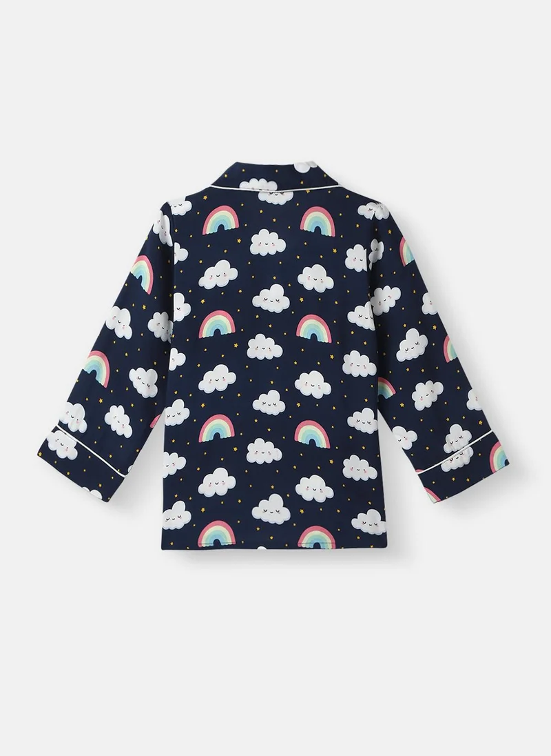 Nautinati Navy Blue Nautinati Boys' Clouds and Rainbow Print Chest Pocket Shirt and Pyjama Set for Men | Best Price UAE