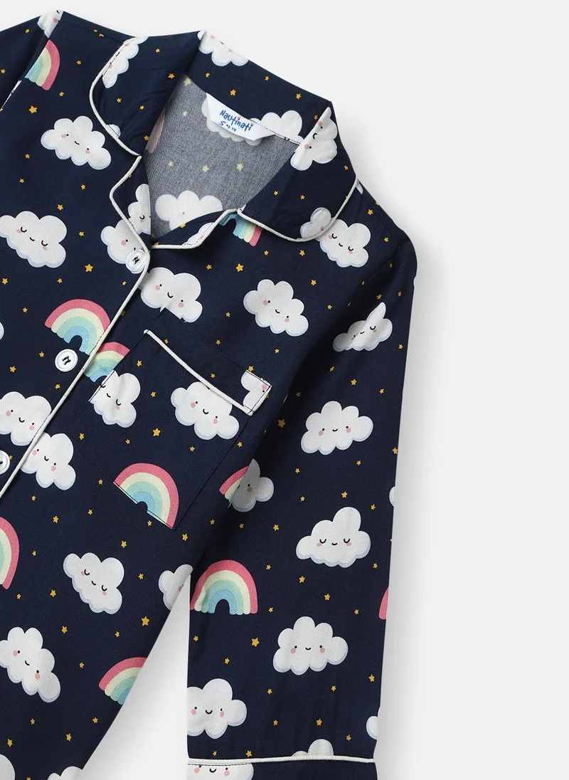 Nautinati Navy Blue Nautinati Boys' Clouds and Rainbow Print Chest Pocket Shirt and Pyjama Set for Men | Best Price UAE
