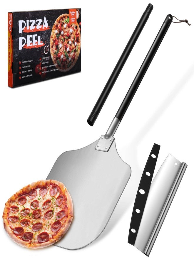 Joyfair Pizza Peel Aluminum Pizzas Spatula (12 Inch), Joyfair Long Handle Metal Pizza Paddle with Cutter Rocker Pizza Oven Accessories Turning Tool Kit, Commercial Grade (Extent length 38.5’’ to 49’’) - Image 1