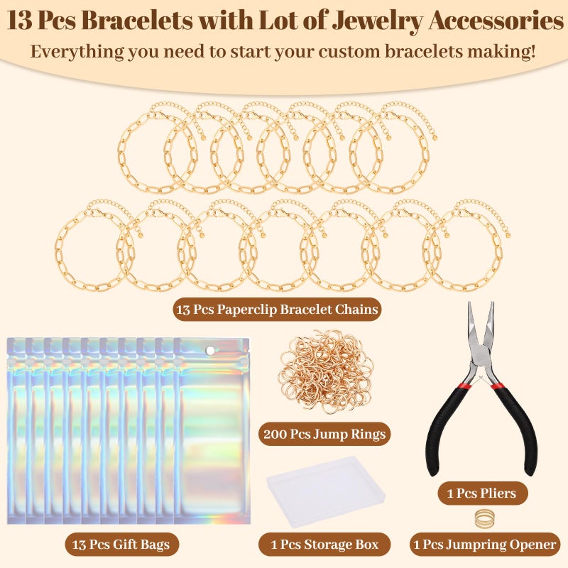 Jupwalz 478 Pcs Gold Charm Bracelet Making Kit for Adults, Includes 13 Pcs Paperclip Bracelet Chains, Enamel/KC Gold Charms, Letter Charms, Pliers, Storage Box & Gift Bags for DIY Jewelry Crafting - Image 3