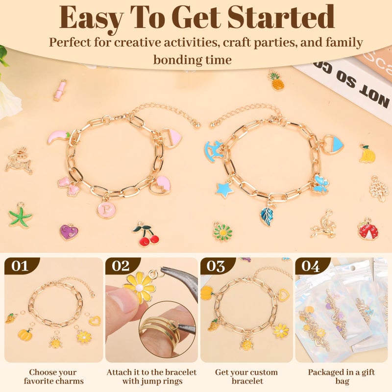 Jupwalz 478 Pcs Gold Charm Bracelet Making Kit for Adults, Includes 13 Pcs Paperclip Bracelet Chains, Enamel/KC Gold Charms, Letter Charms, Pliers, Storage Box & Gift Bags for DIY Jewelry Crafting - Image 5