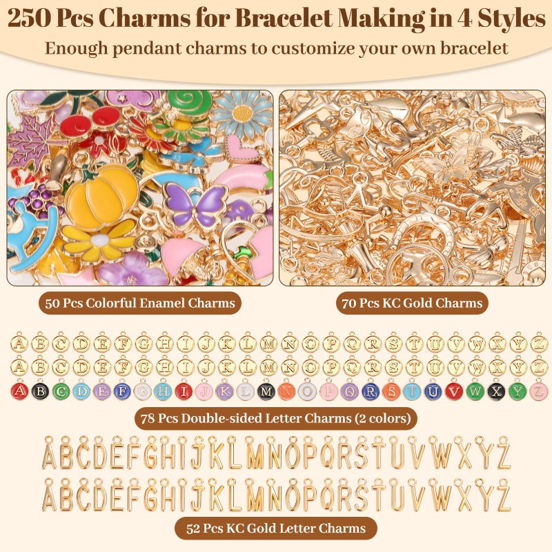 Jupwalz 478 Pcs Gold Charm Bracelet Making Kit for Adults, Includes 13 Pcs Paperclip Bracelet Chains, Enamel/KC Gold Charms, Letter Charms, Pliers, Storage Box & Gift Bags for DIY Jewelry Crafting - Image 2