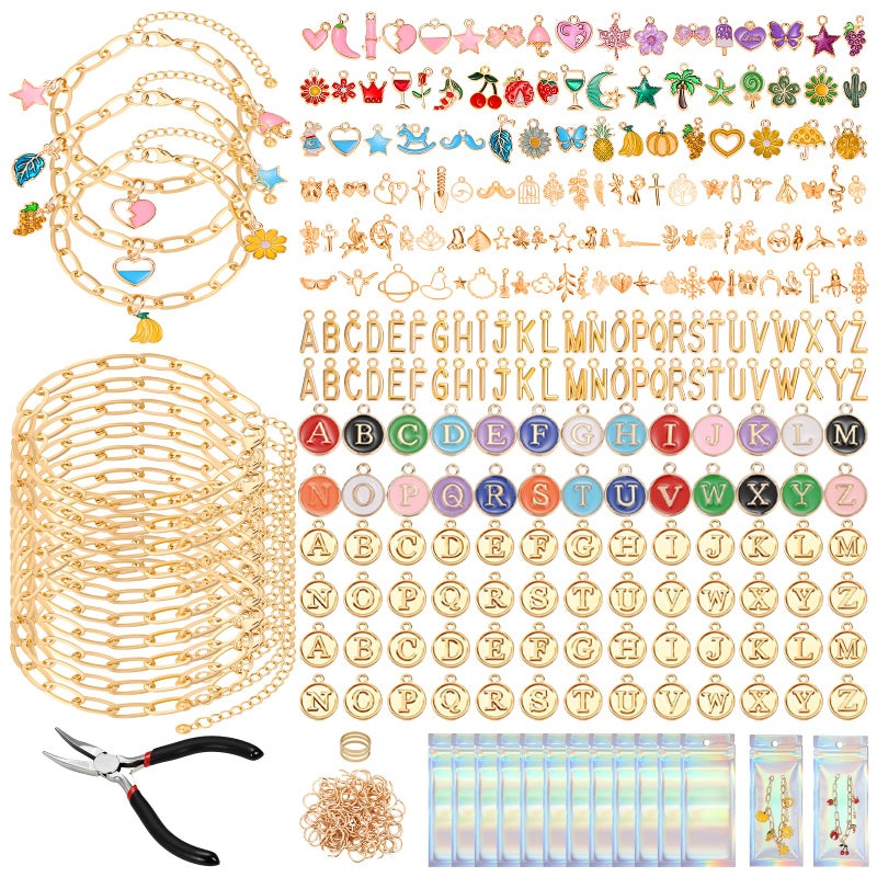 Jupwalz 478 Pcs Gold Charm Bracelet Making Kit for Adults, Includes 13 Pcs Paperclip Bracelet Chains, Enamel/KC Gold Charms, Letter Charms, Pliers, Storage Box & Gift Bags for DIY Jewelry Crafting - Image 1