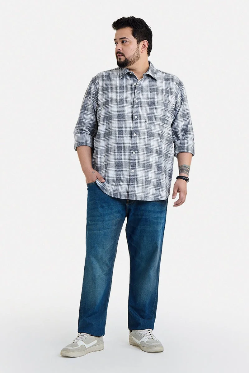 سنيتش Grey Checkered Long Sleeve Regular Fit Plus Size Shirt