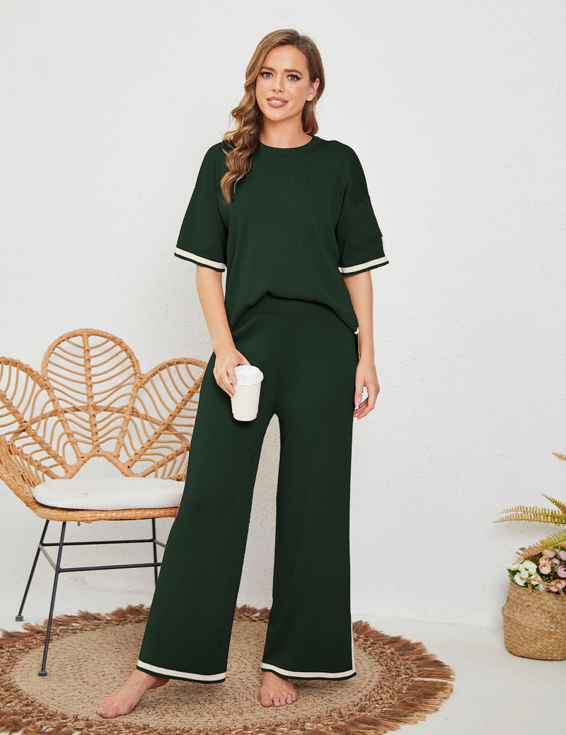Tanming Sweater Sets Women 2 Piece Lounge Sets Short Sleeve Knit Pullover Tops Wide Leg Pants (ArmyGreen-M) - Image 4