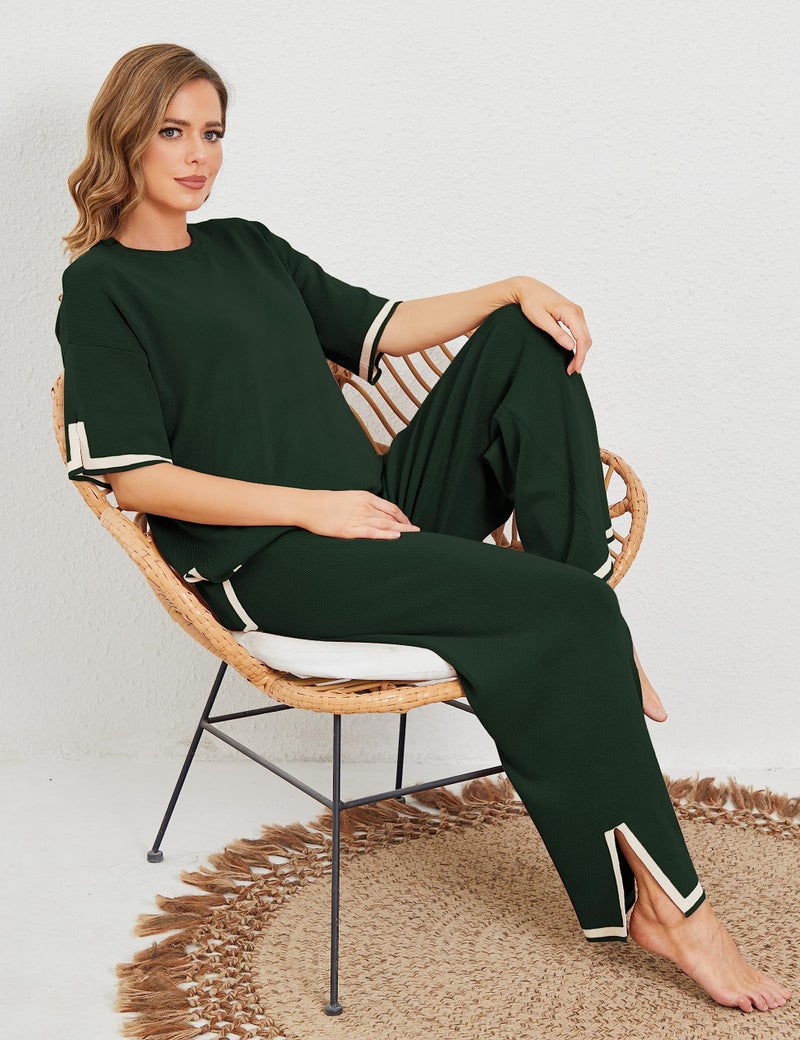 Tanming Sweater Sets Women 2 Piece Lounge Sets Short Sleeve Knit Pullover Tops Wide Leg Pants (ArmyGreen-M) - Image 5