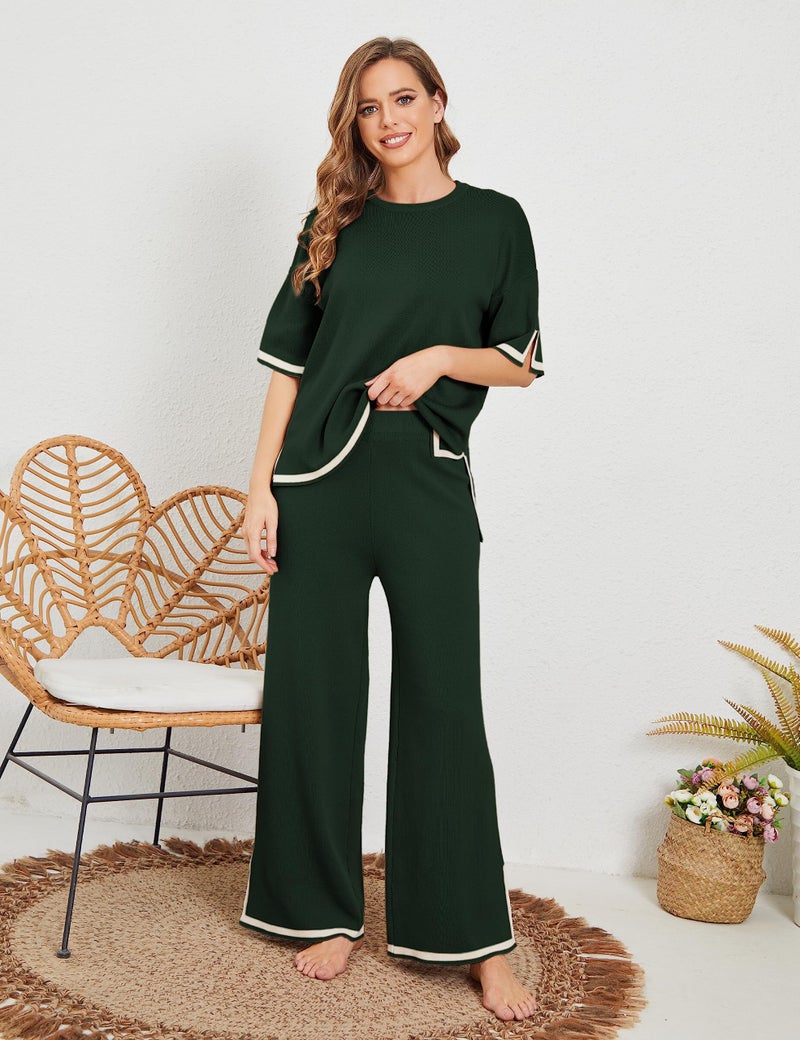 Tanming Sweater Sets Women 2 Piece Lounge Sets Short Sleeve Knit Pullover Tops Wide Leg Pants (ArmyGreen-M) - Image 2
