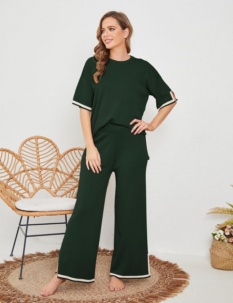 Tanming Sweater Sets Women 2 Piece Lounge Sets Short Sleeve Knit Pullover Tops Wide Leg Pants (ArmyGreen-M) - Image 3