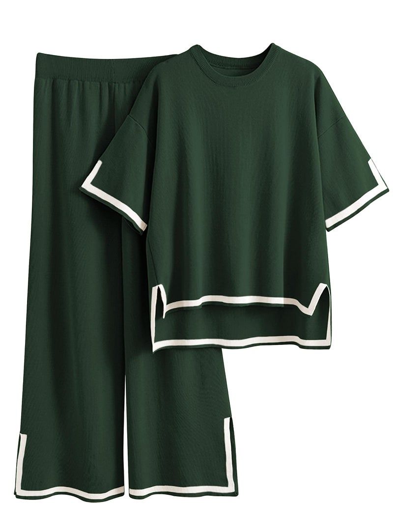 Tanming Sweater Sets Women 2 Piece Lounge Sets Short Sleeve Knit Pullover Tops Wide Leg Pants (ArmyGreen-M) - Image 1