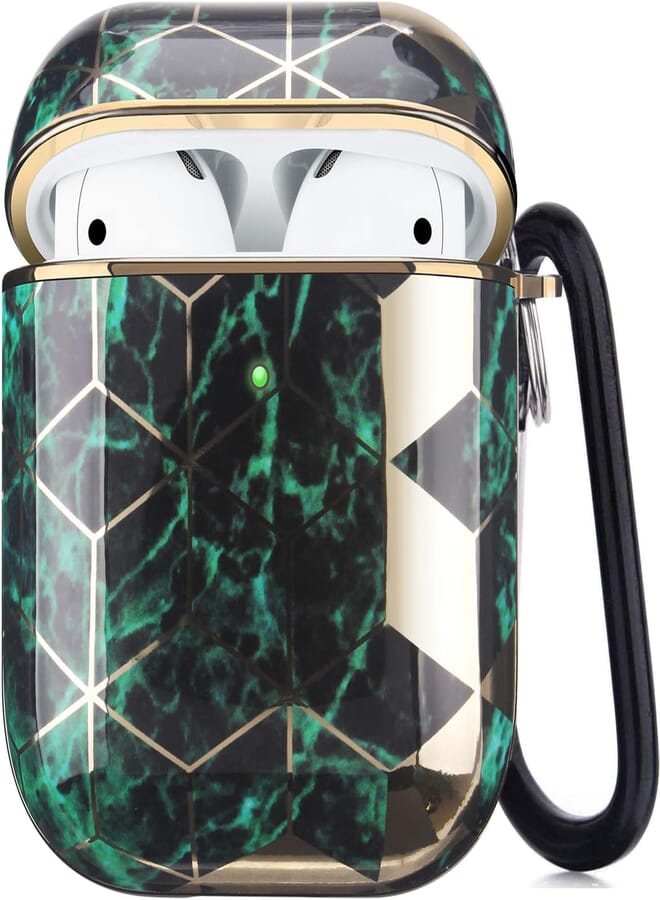 Compatible with Airpods 2 & 1 – Shockproof TPU Gel Portable Protection Soft Case Cover Skin with Carabiner Clip Keychain (Green Gold)