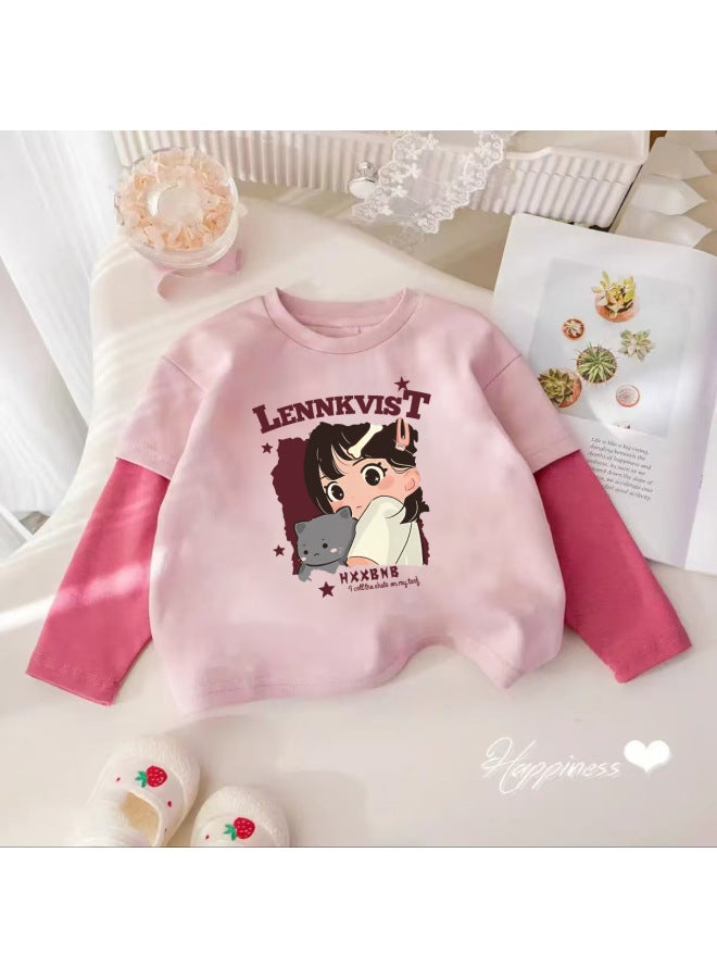 Girls' Long-sleeve T-shirt, Autumn Pure Cotton Round Neck, Faux Two-piece Cartoon Stylish Little Girl Base Shirt, Children's Trendy Top