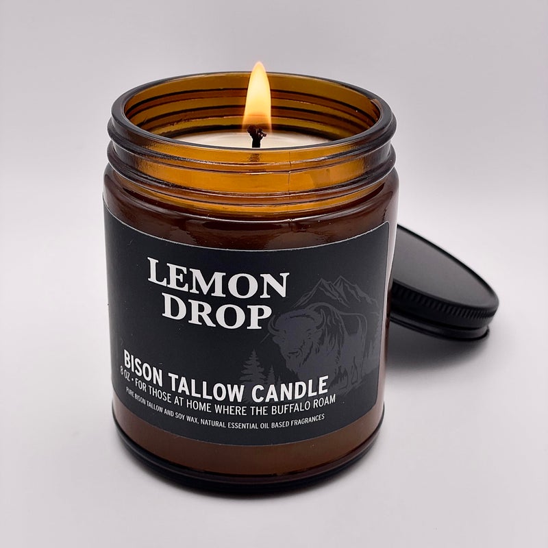 Big Crazy Buffalo Pure Bison Tallow Scented Candle Lemon Drop 8 oz Scents of Lemon Orange Lemongrass Pure Low Smoke Beeswax Traditional Tallow Glass Jar