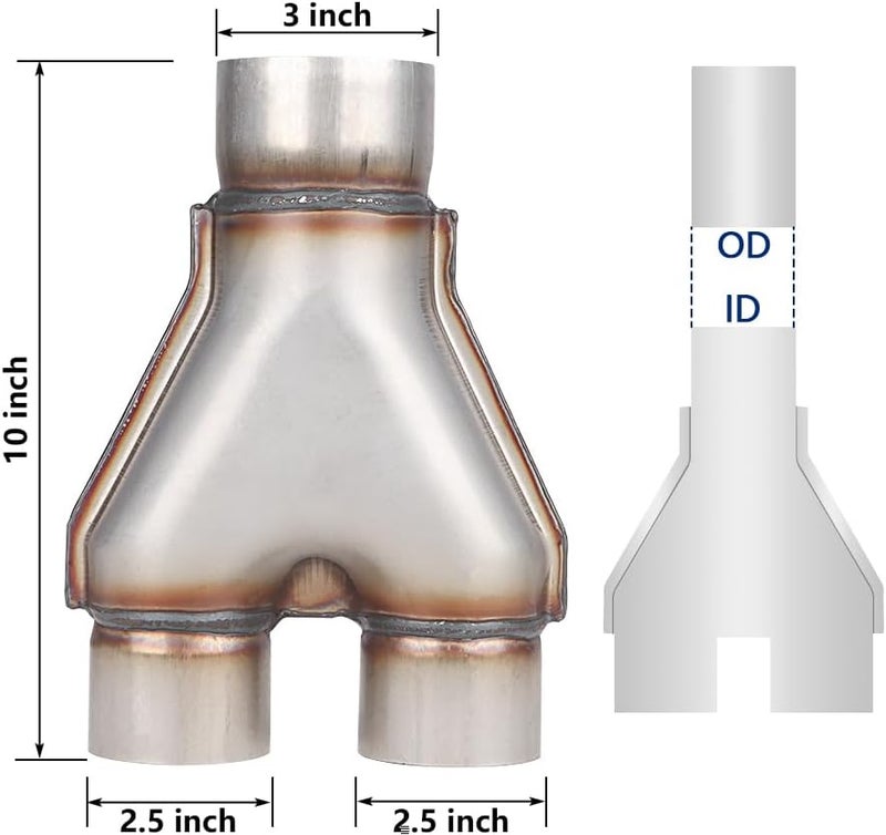 LCGP Stainless Steel Y Pipe 3 Inch ID Single to 2.5 Inch ID Dual Stamped Exhaust Adapter Connector - Image 2