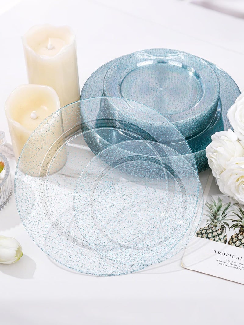 WDF 200PCS Blue Plastic Plates - Blue Glitter Plastic Plates - Heavy Duty Disposable Plates - Include 100 Dinner Plates 10" and 100 Dessert Plates 7" for Parties/Wedding/Graduation/Easter - Image 5