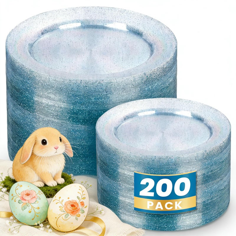 WDF 200PCS Blue Plastic Plates - Blue Glitter Plastic Plates - Heavy Duty Disposable Plates - Include 100 Dinner Plates 10" and 100 Dessert Plates 7" for Parties/Wedding/Graduation/Easter - Image 1