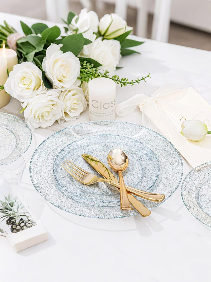 WDF 200PCS Blue Plastic Plates - Blue Glitter Plastic Plates - Heavy Duty Disposable Plates - Include 100 Dinner Plates 10" and 100 Dessert Plates 7" for Parties/Wedding/Graduation/Easter - Image 3