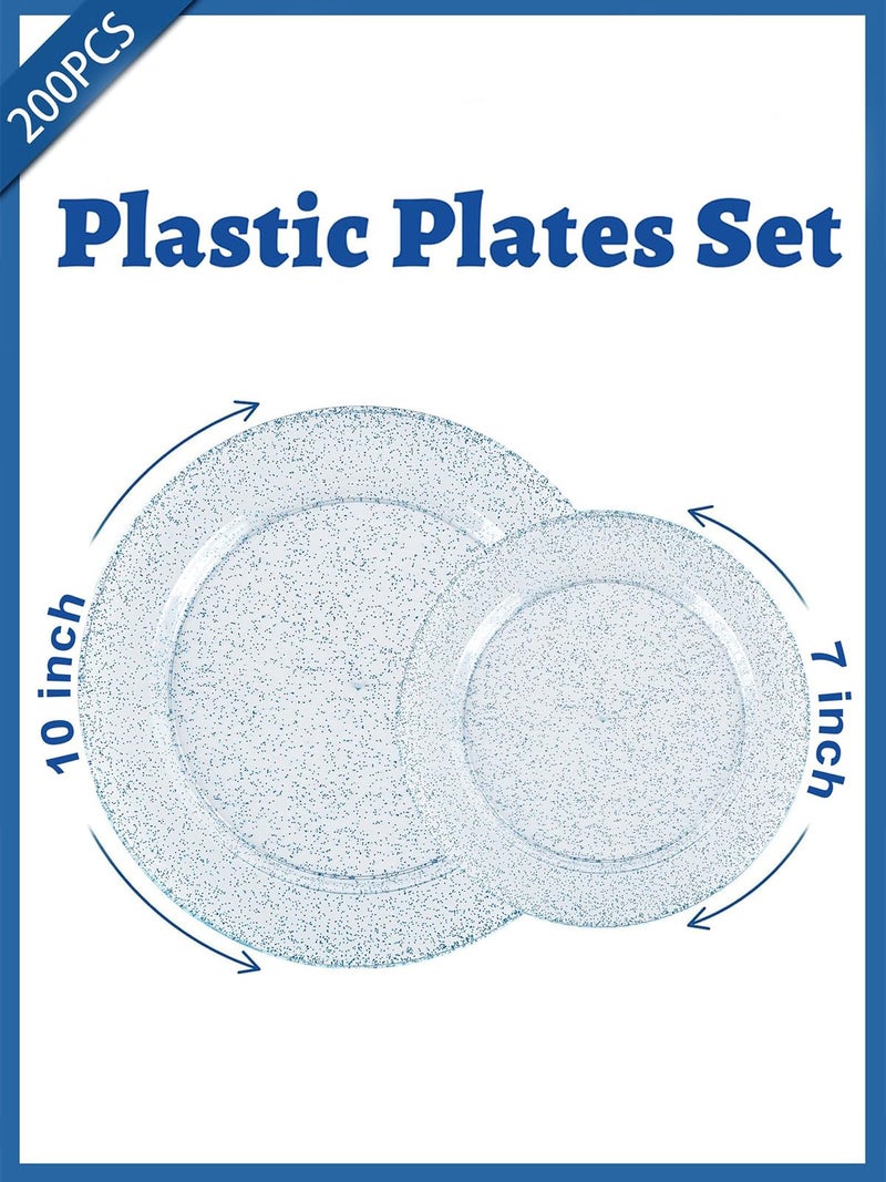 WDF 200PCS Blue Plastic Plates - Blue Glitter Plastic Plates - Heavy Duty Disposable Plates - Include 100 Dinner Plates 10" and 100 Dessert Plates 7" for Parties/Wedding/Graduation/Easter - Image 2